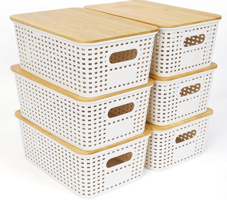 Mangata Cestas de almacenamiento con tapas de bambú, cajas de almacenamiento de plástico blanco, contenedores decorativos, apilables, juego de 6
