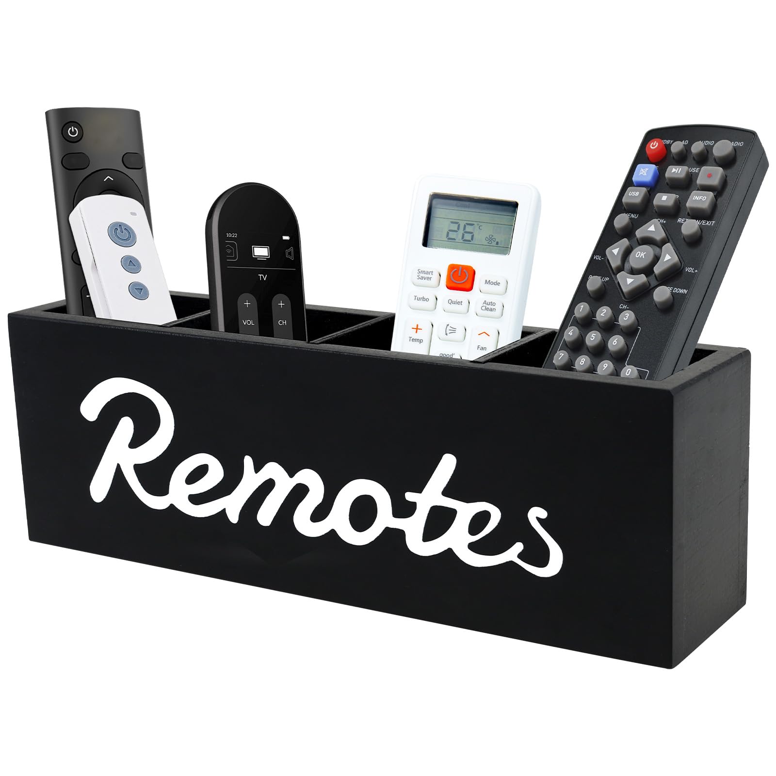 PATNFR Remote Control Holder Wooden TV Remote Holder for Table Space Saving Tidy Storage Box Media Storage Box with 4 Compartments for TV Remotes Phones Pens Makeup Office Desk Supplies etc