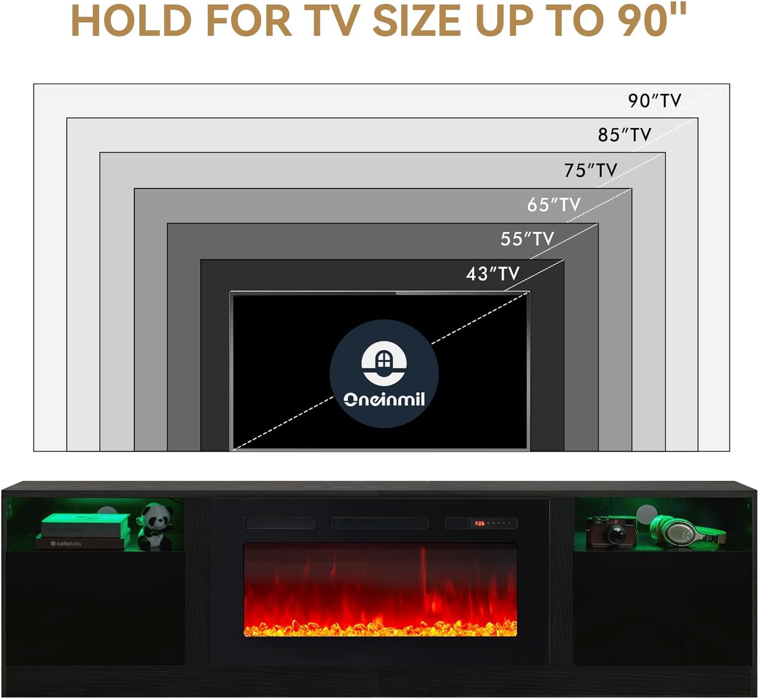 oneinmil 80” TV Stand with 36” Electric Fireplace, Large Modern Media Entertainment Center with Storage Cabinet and 12 Colors LED Lights for TVs Up to 90", Black+Black 80" Black & Black