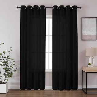 CUCRAF Cortinas Dobles con Ollaos, Decoracion Dormitorio, Cortinas de gasa de lino, color negro, 245 x 140 cm, juego de 2 unidades