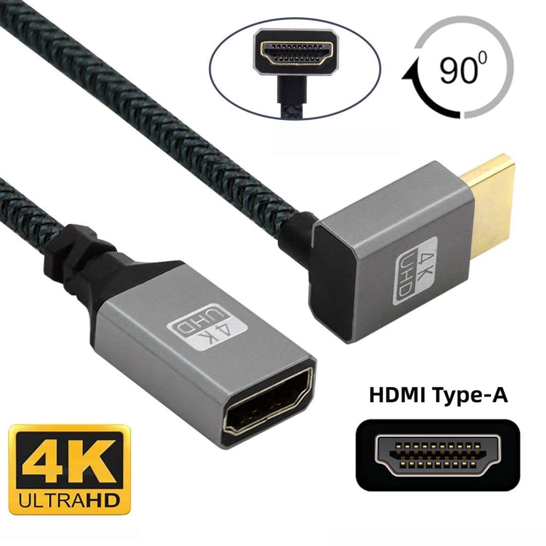 Chenyang Cavo Prolunga HDMI 1.4 Maschio-Femmina – 0,5 Metri, Connettore Angolato 90° Verso L'Alto, Con Ethernet E 3D – Per PC, DVD, TV E Monitor