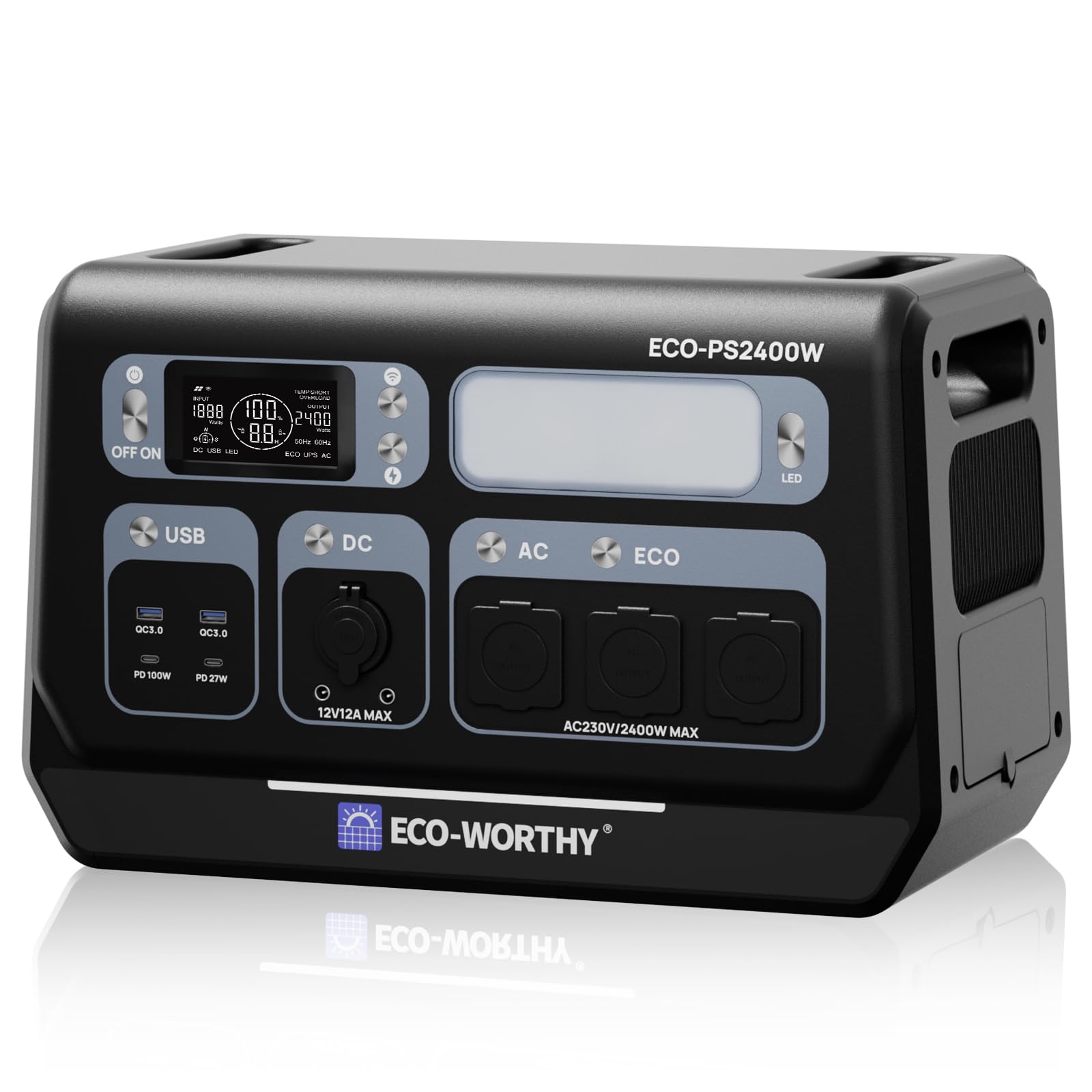 ECO-WORTHY PS2400W Generador Solar Portatil 2048Wh, 10 puertos, potencia máxima de 4800 W, conectividad Wi-Fi y Bluetooth, ideal para autocaravanas, acampadas y emergencias domésticas