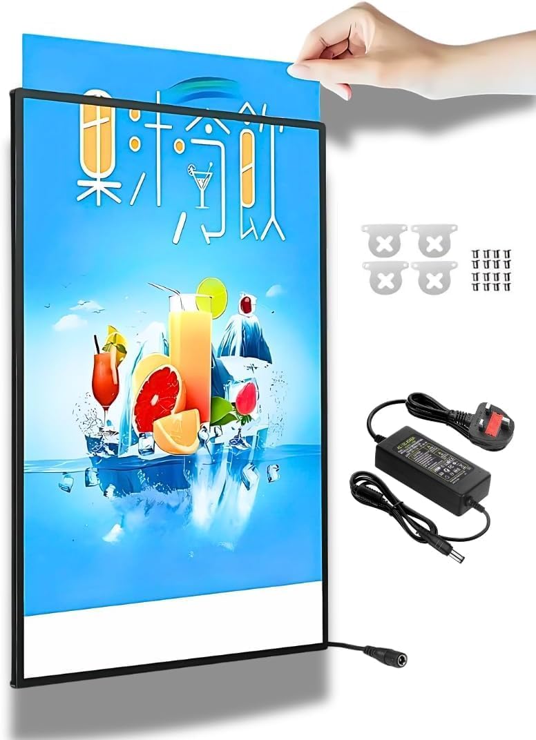 LED Advertising Light Box, Ultra Slim Frame Poster Display, Illuminated Wall Ceiling Mounted Bracket Backlit Menu Board, Plug-in Advertising Frame Display,Illuminated Poster Holder for Shops(Black,A3) (Black)