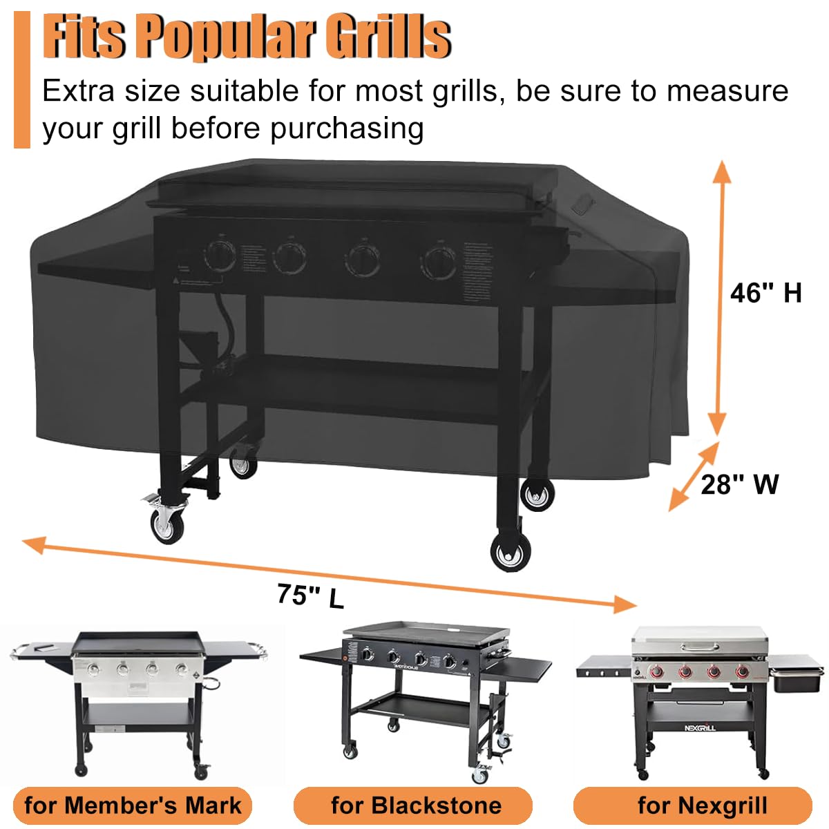 Griddle Cover for Member's Mark for Blackstone 36 inch Gas Griddle, Grill Cover for 4-Burner Outdoor Flat Top, Combo Series, Compatible with Weber, Char-Broil, Nexgrill, 75 * 28 * 46 Inch Extra Large