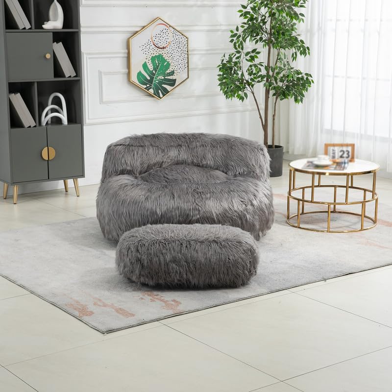 Upholstered Accent Chair with Footstool Durable Comfort Lounger High Back Reading Chair Ergonomic Design Bean Bag Chair Faux Fur Lazy Sofa for Reading, Living Room and Bedroom
