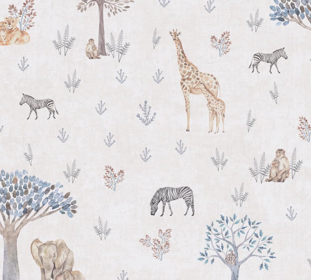 A.S. Création Lilly & Luis papel pintado no tejido con motivo para niños en beige, amarillo, gris – papel pintado animal 10,05 x 0,53 m – 771761