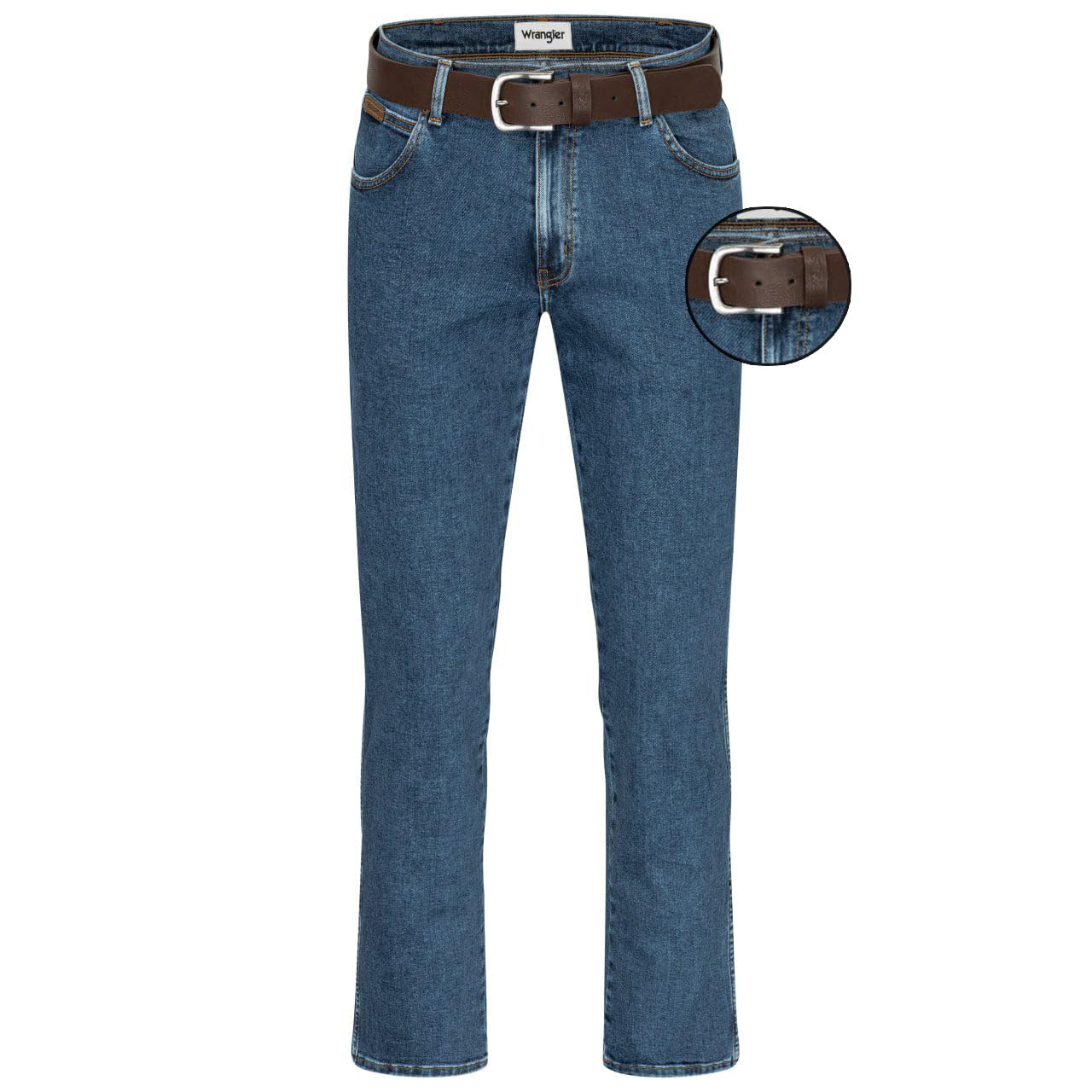 Wrangler Texas Herren-Stretchjeans Regular Fit Authentic Straight in verschiedenen Waschungen mit Gürtel in schwarz oder braun