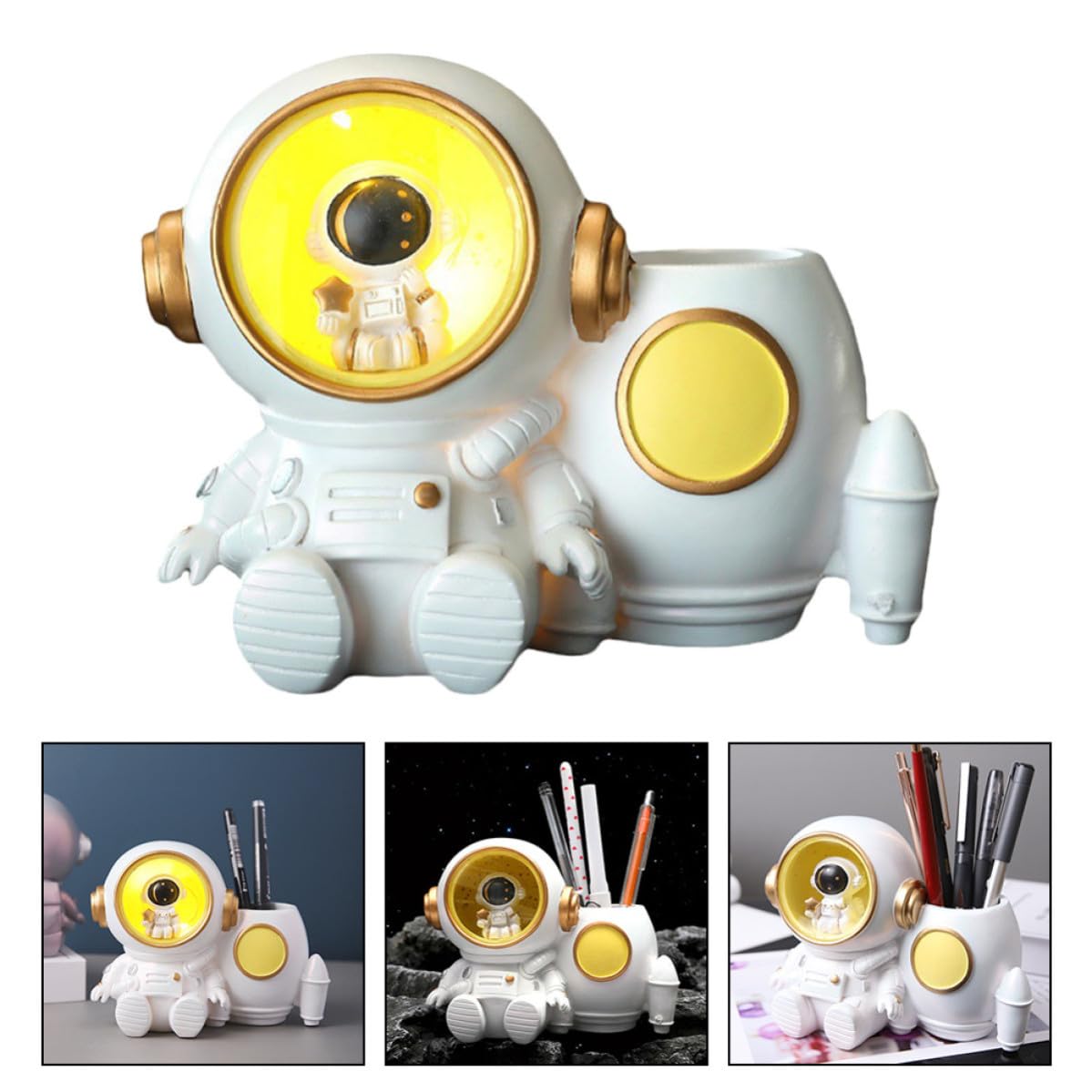 Holibanna Portapenne Grande Capacità Astronauta con Luce Bianco in Resina Porta Penne e Accessori per Organizzare Materiale Scolastico per Studenti e Ufficio Scrivania