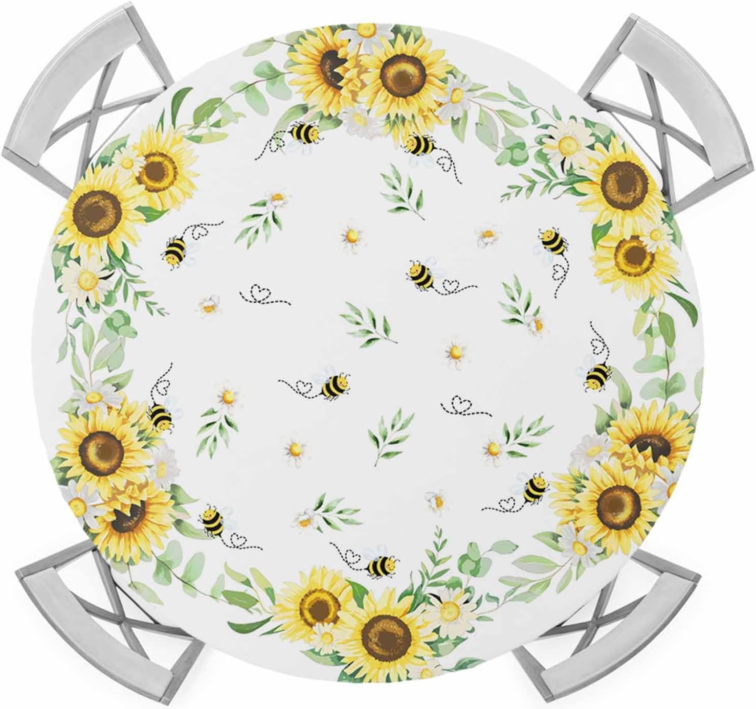 Sunflower Round Fitted Tablecloth with Elastic Bee Tablecloths Washable Green Leaves Floral Table Cover for Kitchen Dinner Party Picnic Patio Garden Decor Fits Tables up to 45"- 54" Diameter