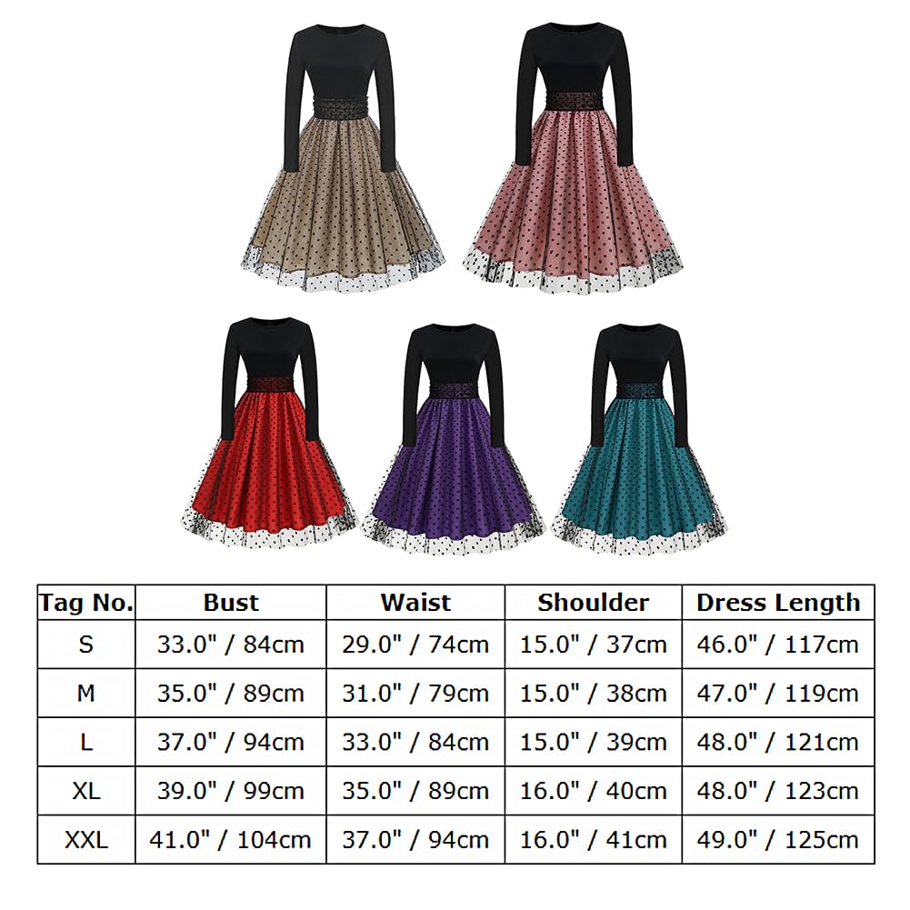 Robe trapèze vintage années 50 et 60 à manches longues en tulle à pois pour femme, robe de cocktail, automne et hiver