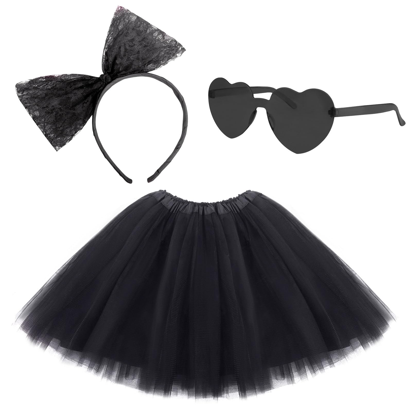 Lainlight Adult Tutus for Women, 4 Layered Tulle Tutu Skirt Set with Heart Sunglasses and Bow Headband Colorful Party Favors
