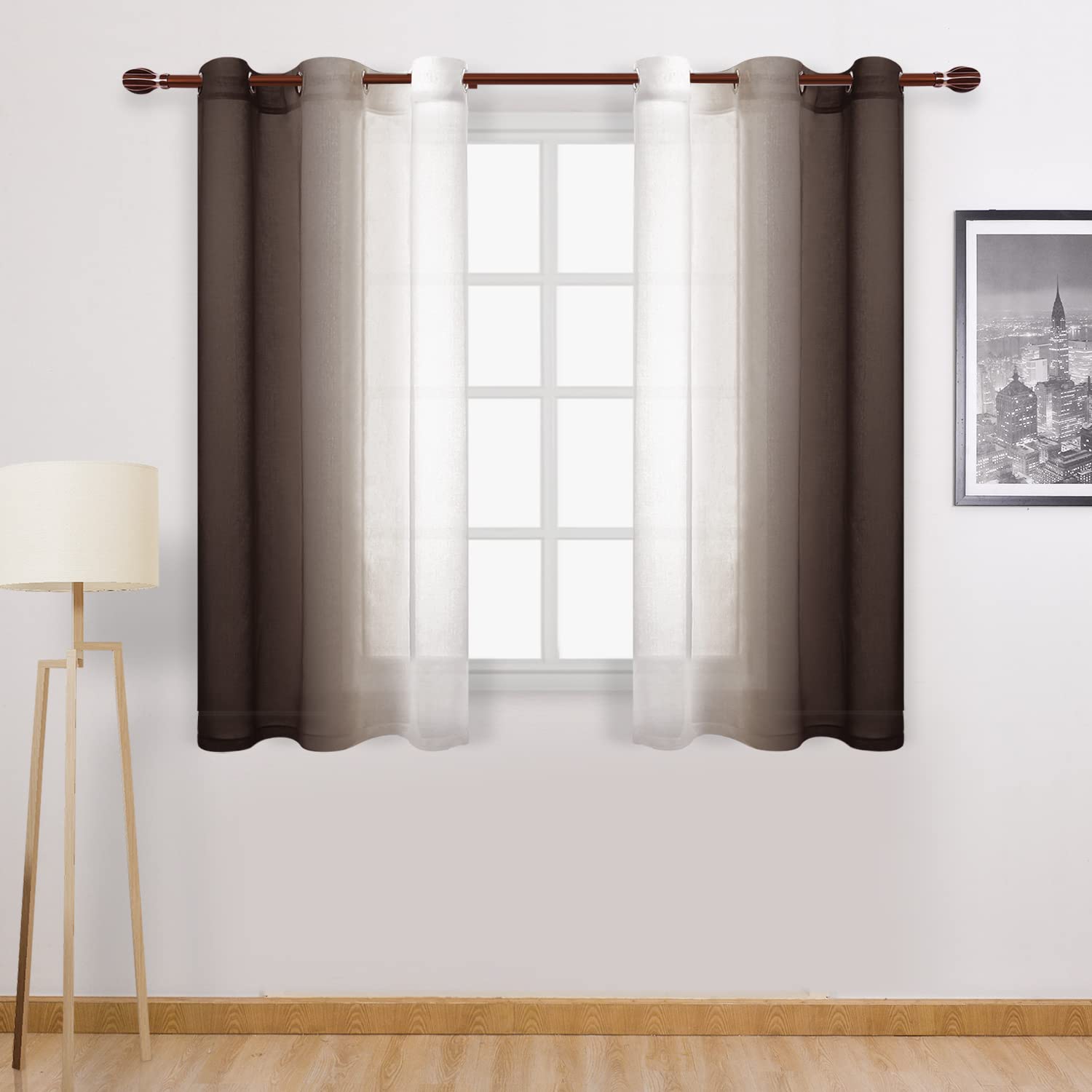 DWCN Ombre Short Sheer Curtains - Faux Linen Semi Voile Gradient Light-Filtering Bedroom and Living Room Curtains, Set of 2 Grommet Top Window Drape Panels, 42 x 45 Inch Length, Chocolate Brown