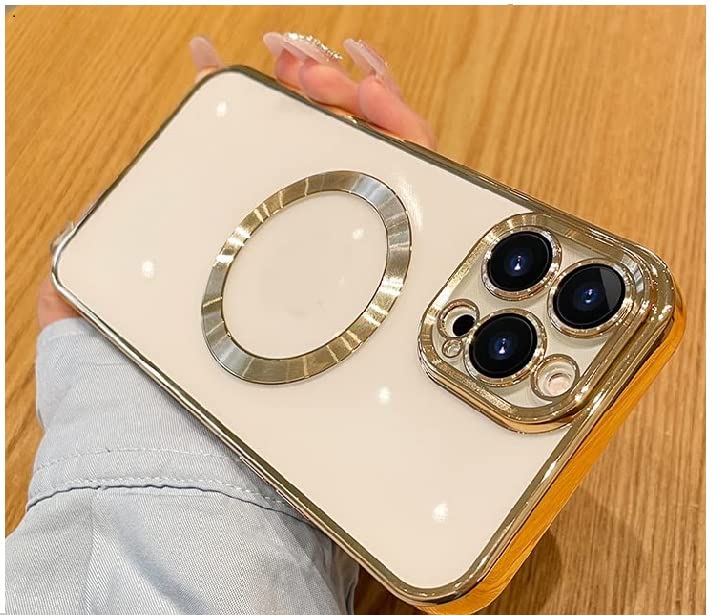 Image of MIDOS Silicone Back Cover Ring Logo Cut For Magsafe Compatible With iPhone 14 Plus Lens Protection Chrome Back Case Cover For-iPhone 14 Plus (2022) 6.7[Gold ]