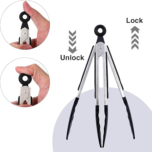 Miniatura 3 de Juego de 3 pinzas de cocina negras con puntas de silicona, pinzas antiadherentes resistentes al calor para asar a la parrilla, barbacoa, buffet y