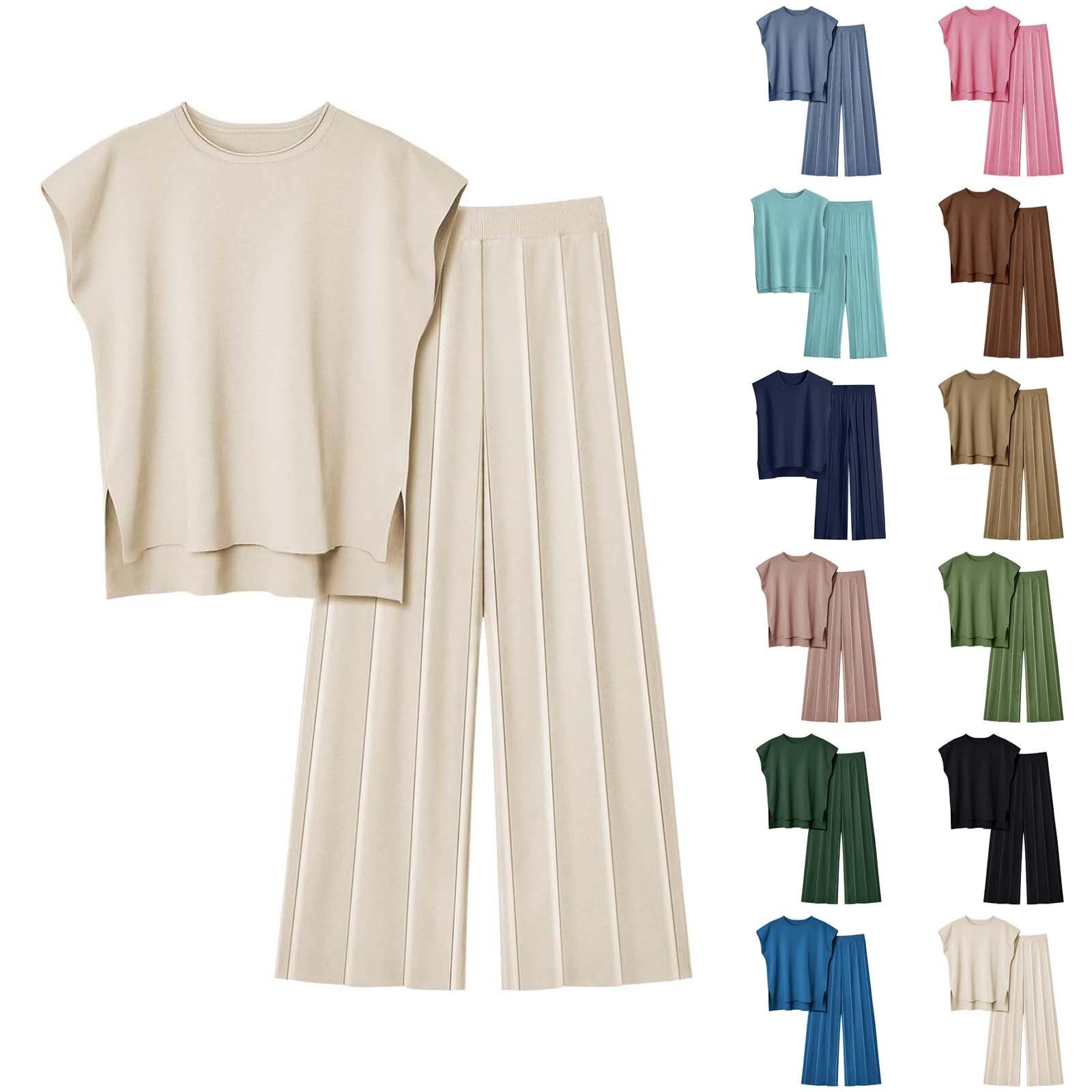 Set da 2 pezzi, da donna, elegante, lungo, in due pezzi, da jogging, da donna, sexy, per il tempo libero, moderno, in cotone, con elastico in vita, cachi, L