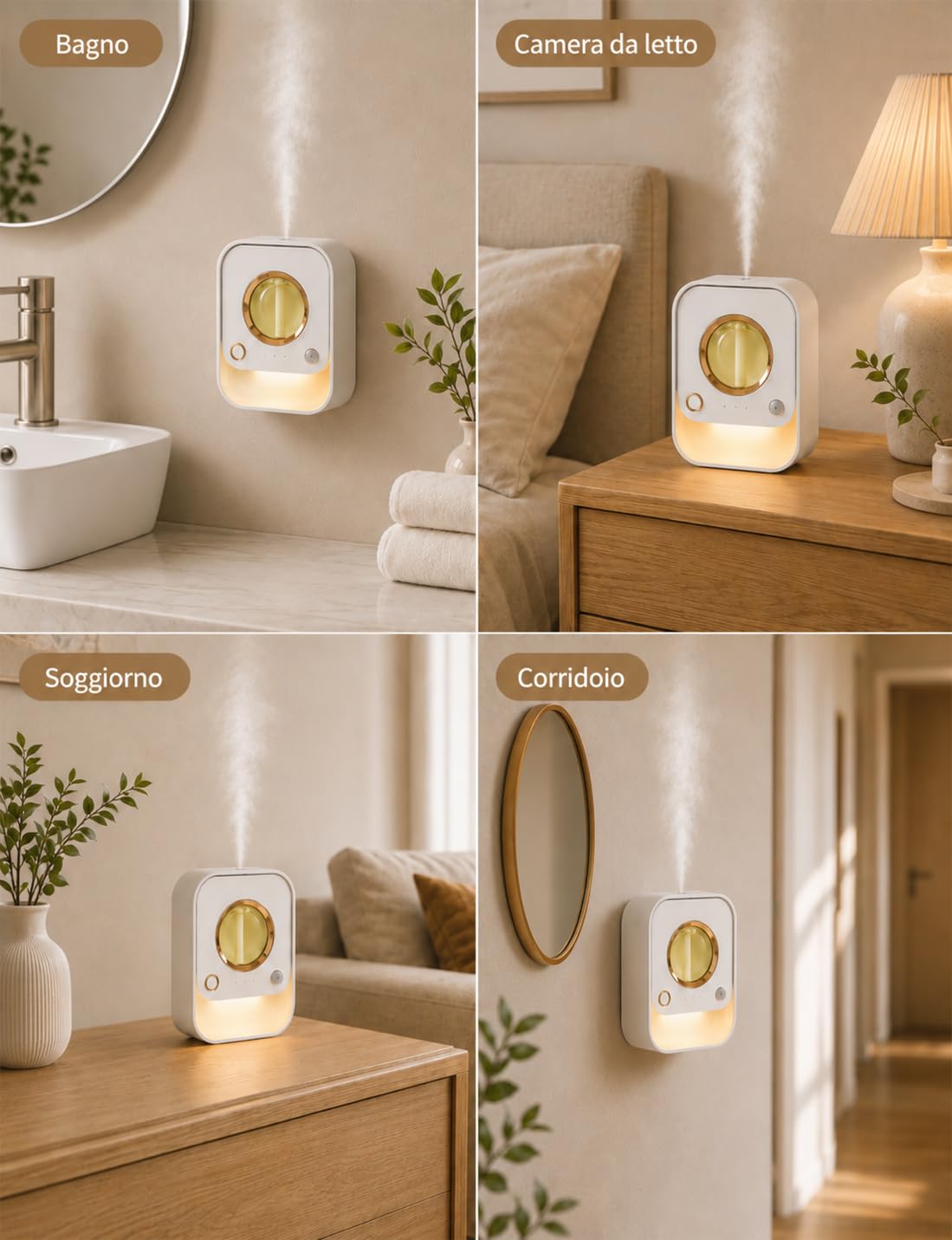 Diffusore di Oli Essenziali Senza Acqua Murale e da Tavolo con Sensore di Movimento, Luce Notturna e Timer, Diffusore Profumo Ambiente con 50ml Deodorante Arancia per Bagno, Camera, Soggiorno