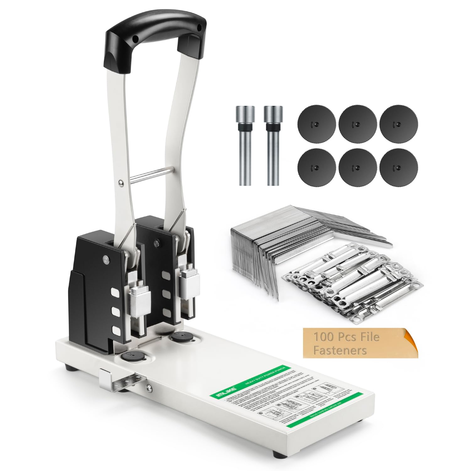 Heavy Duty 2 Hole Punch, 2-3/4" (70 mm) Center, 200 Sheet Paper Capacity, Professional Grade with Ergonomic Strong Grip Handle & 100pcs Fasteners for Office, School, Binder & Report, White