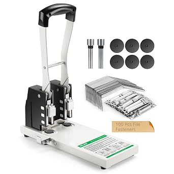 Heavy Duty 2 Hole Punch, 2-3/4" 70 mm Center, 200 Sheet Paper Capacity, Professional Grade with Ergonomic Strong Grip Handle & 100pcs Fasteners for Office, School, Binder & Report, White