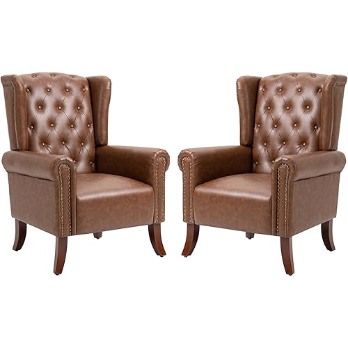 MOJAY Mid-Century Modern Living Room Chairs Set of 2, Upholstered Faux Leather Accent Chairs Club Arm Chair, Single Sofa Chair with Solid Wooden Legs for Bedroom Study Home Office Lounges (Brown)