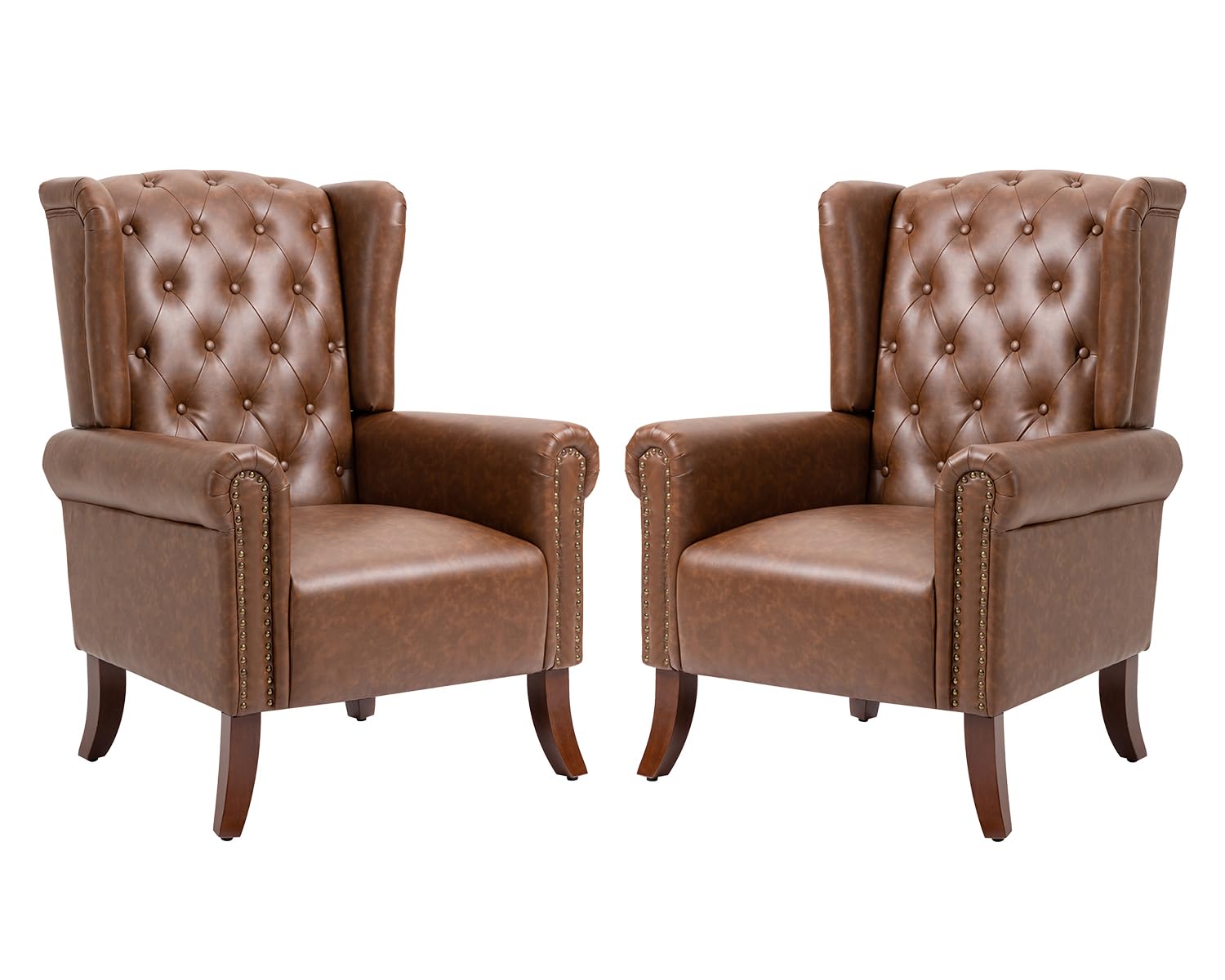 MOJAY Mid-Century Modern Living Room Chairs Set of 2, Upholstered Faux Leather Accent Chairs Club Arm Chair, Single Sofa Chair with Solid Wooden Legs