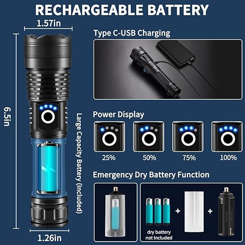 Miniatura 10 de Linternas recargables de alto lúmenes, paquete de 2 linternas recargables, 9000000lm linterna súper brillante, 5 modos de linternas tácticas de alto