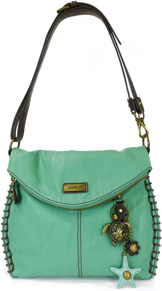 CHALA Charming Crossbody Bag With Flap Top and Zipper or Shoulder Handbag with Sea Turtle Keychain - 9 Colors