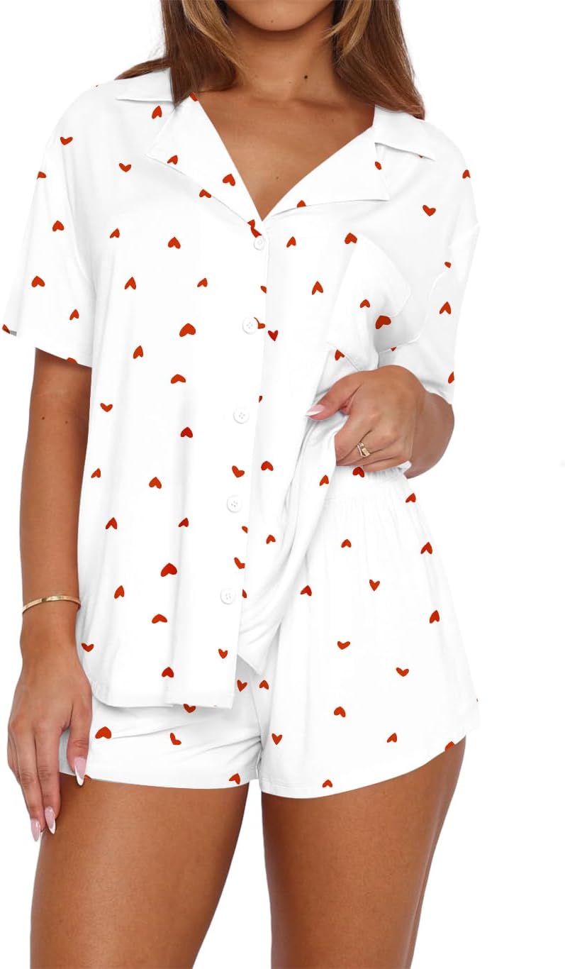 Dressmine Womens Short Sleeve Cute Pajama Sets 2 Piece Spring Outfits V Neck Button Up Pj Set Loungewear