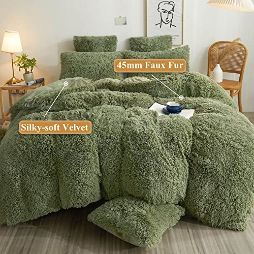 Image of XeGe Cozy Plush Shaggy Duvet Cover Luxury Soft Fluffy Furry Solid Color Boho Bedding for Girls Women Bedroom (1 Faux Fur Fuzzy Comforter Cover), Zipper Closure (Queen Size, Sage Green)
