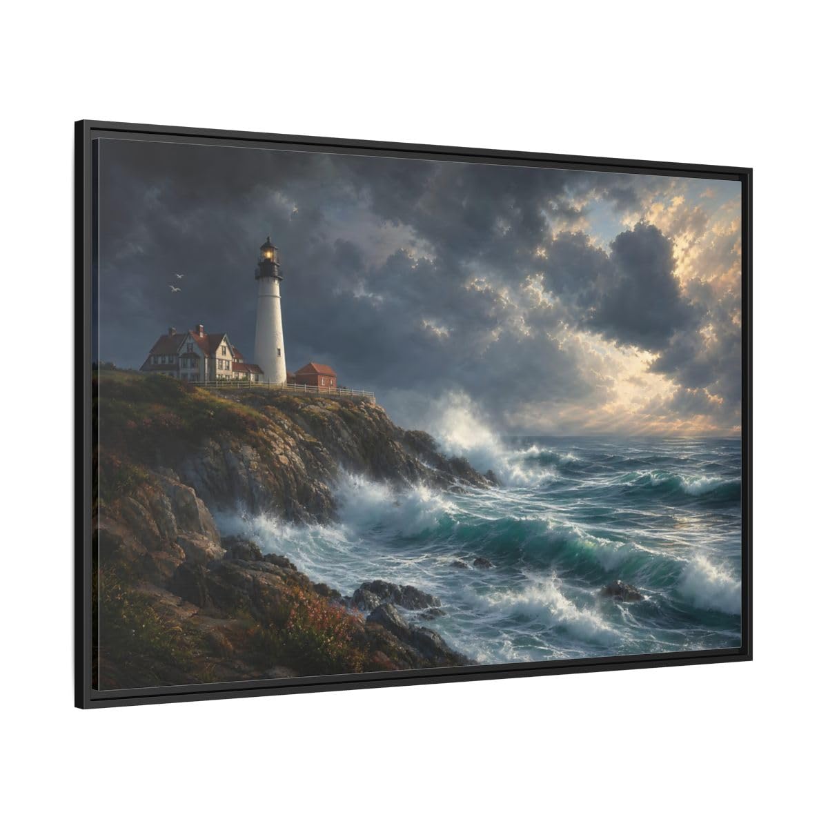 Tableau horizontal phare bleu océan grand format encadré - 8