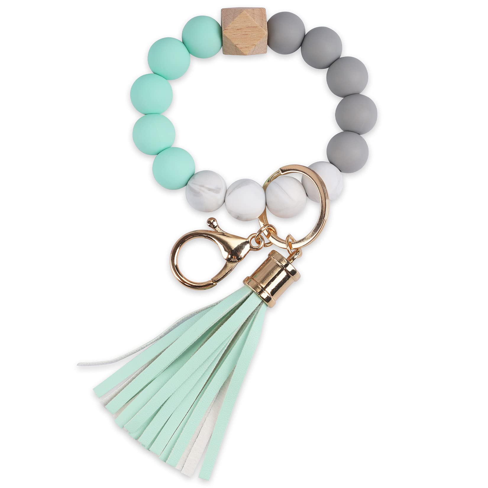 GIEMSON Silicone Key Ring Bracelets Wristlet Keychain Car Beaded Key Ring Bangle Chains for Women, Mint, 3.2