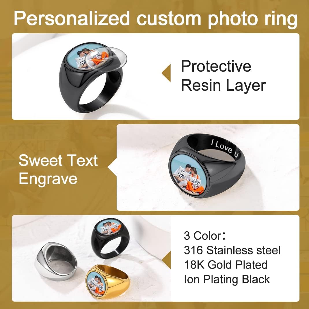 GOLDCHIC JEWELRY Custom Photo Rings for Men/Women, Stainless Steel Personalized Picture Engraved Bold Square Oval Heart Statement Ring in Black/Silver/Gold Color, with Gift Box (Size 7-14)