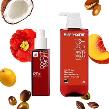 Mise En Scene Perfect Super Rich Serum and Shampoo SET - Argan Oils and Severely Damaged Hair | Anti-Frizz, Hydrating, Nourishing | Korean Hair Care with Moroccan Oil, Jojoba Seed | High Nutrition