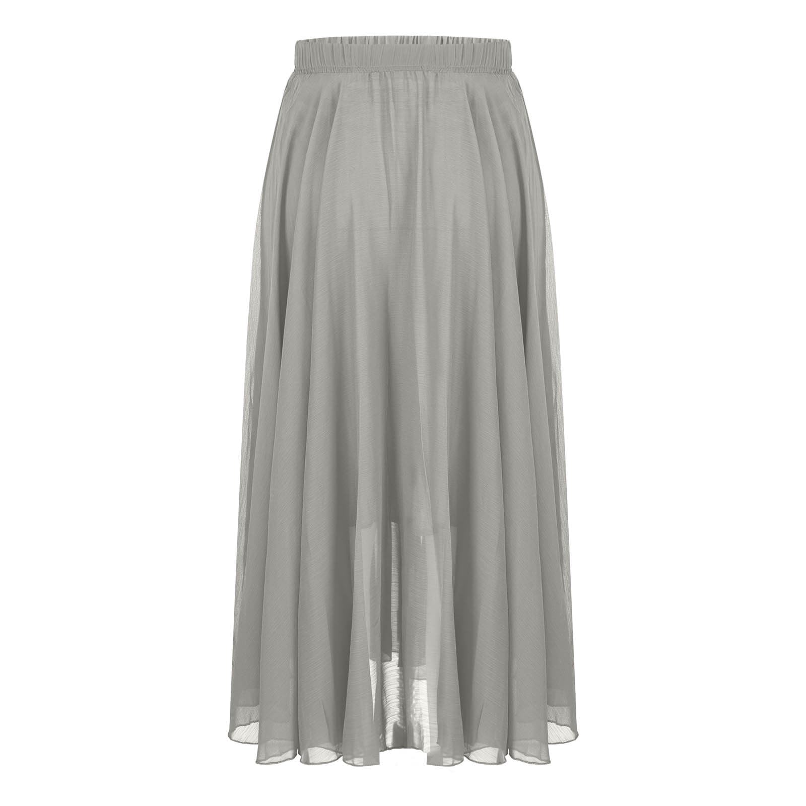 Women Fashion Elegant Maxi Skirts Solid Color Elastic High Waist Long Skirt Summer Trendy Flowy Swing Chiffon Skirt