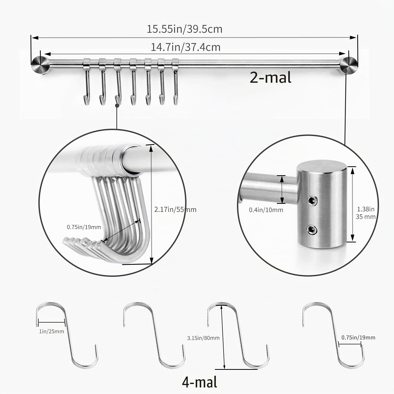 Audmore Küchenutensilien-Rack, 2 Stück, 39.6 cm Töpfe und Pfannen, Hängeregal zur Wandmontage, 304 Edelstahl-Deckel, Kochutensilienaufhänger, 7 Schiebehaken für Spatel, Messbecher, Kaffeebecher