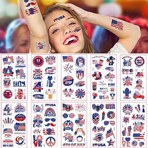 4Th Of July Temporary Tattoo 10 Sheet Unique Images Independence Day Tattoo Stickers American Flag Eagles Hat Balloons Design Tattoos Memorial Day Body Face Art Sticker Supplies #TOP7