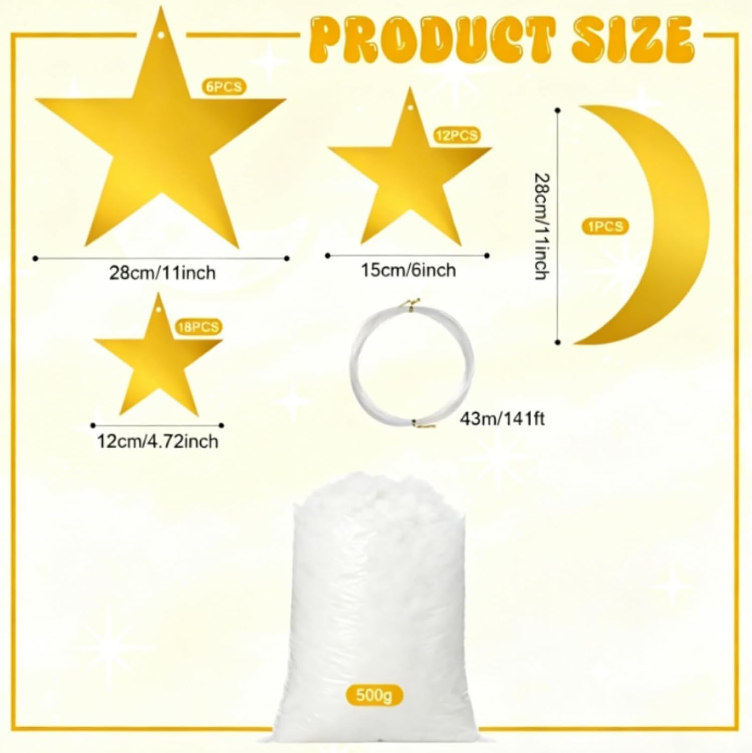 Novabright 39 Pcs Gold Moon and Star Hanging Decorations, Includes 36 Stars and 1 Moon Double Sided Paper Cutouts with Fishing Line and Polyester Fiber Filling for Baby Shower Wedding Party Decor