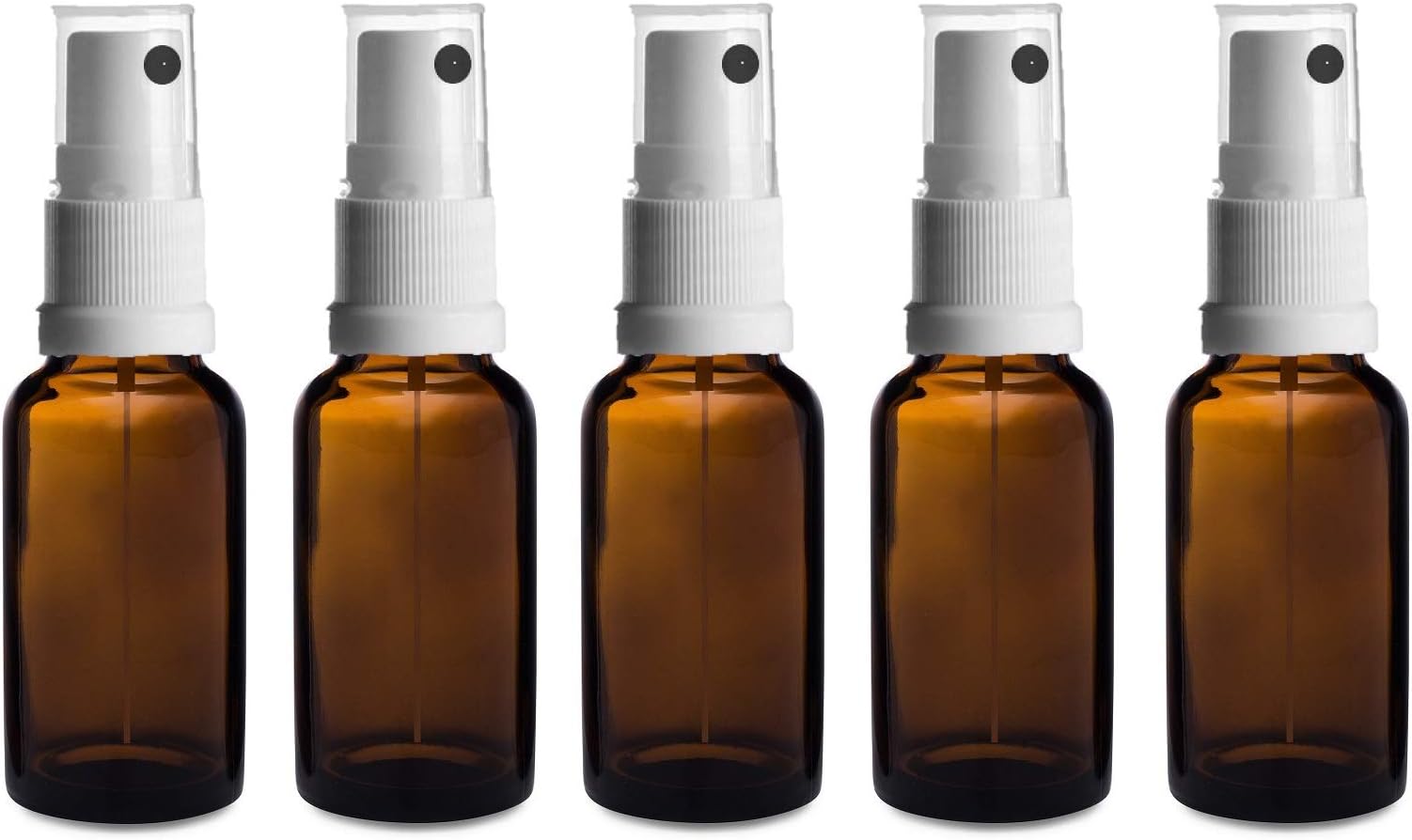 Avalon 20ml Amber Brown Glass Bottles with White Atomiser Spray - Pack of 5 - Refillable, Reusable, Travel Sized - Perfect for Aromatherapy, Perfumes, Essential Oils, Aftershaves, Skincare and More