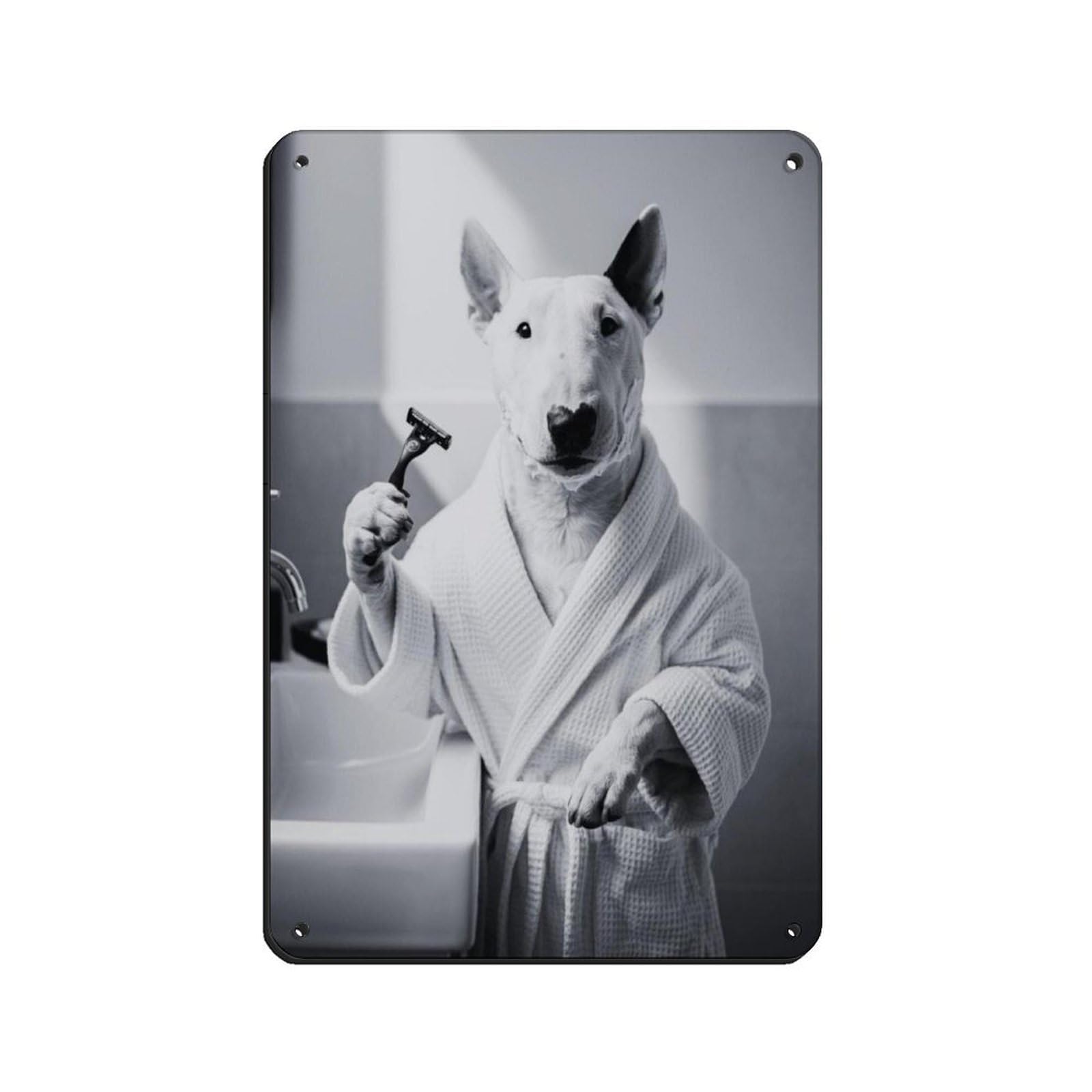 Bull Terrier Dog Bathroom Art Shaving with Razor Tin Sign Vintage Metal Pub Club Cafe Bar Home Wall Art Decoration Poster Retro 8x12inch(20x30cm)