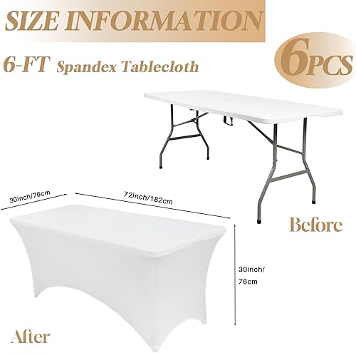 Miniatura 4 de Paquete de 6 fundas de mesa de elastano blanco de 6 pies (72 x 30 x 30 pulgadas) ajustadas, elásticas, resistentes a las arrugas y lavables, mantel