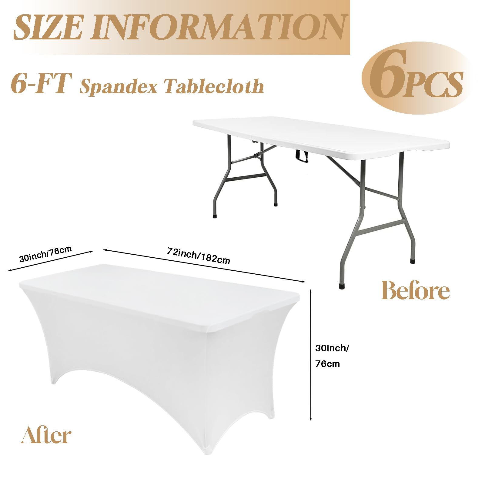 6 manteles de elastano, mantel elástico ajustable para mesa rectangular de 6 pies, mantel rectangular elástico ajustado para fiestas, banquetes, bodas, ferias comerciales, eventos (blanco)