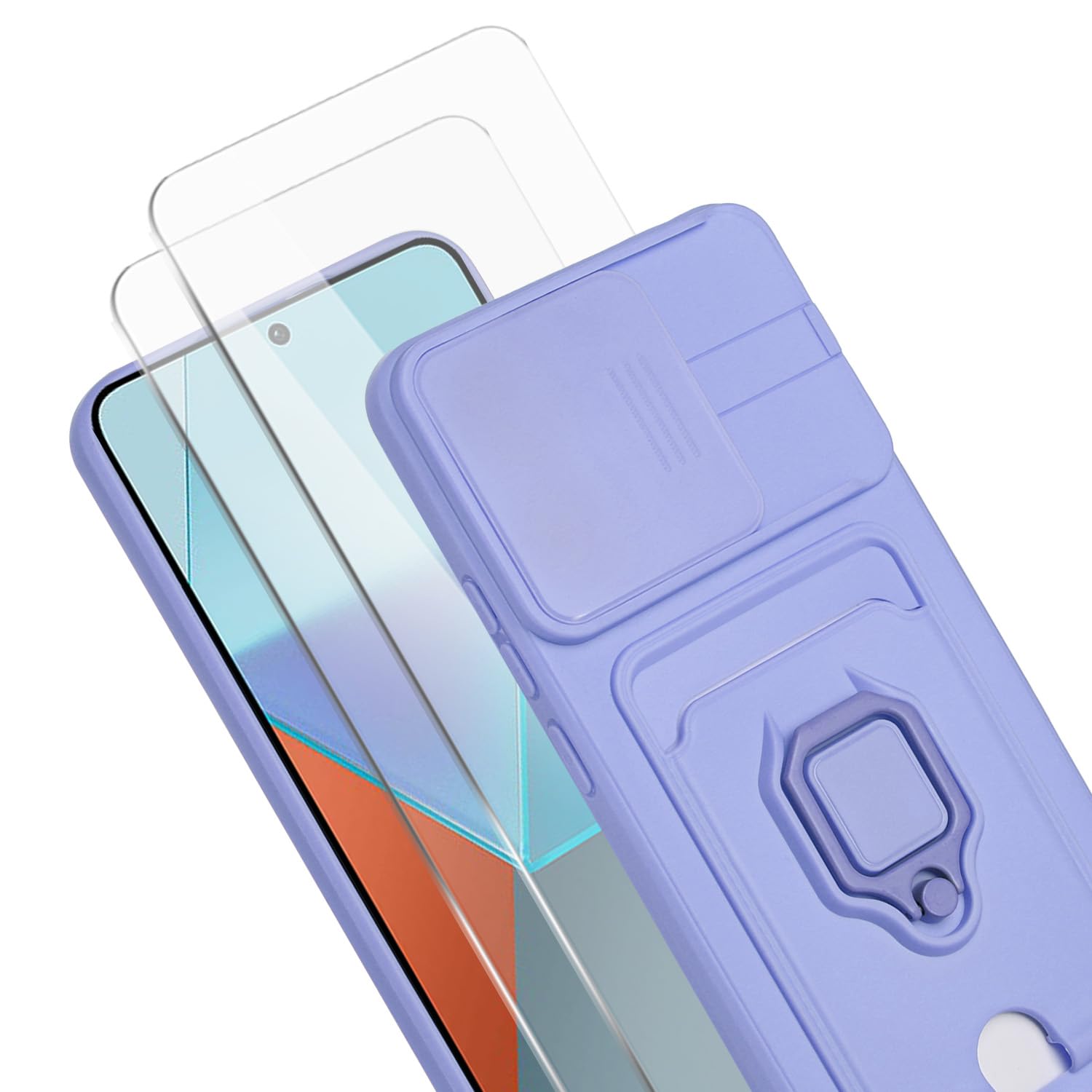 Zallagre Funda con Cuerda Compatible con Redmi Note 13 Pro 5G,[2 Packs Cristal Templado],Ranura para Tarjetas,Cubierta de Cámara Deslizante Proteger,360 Anillo Soporte-Morado — view 2
