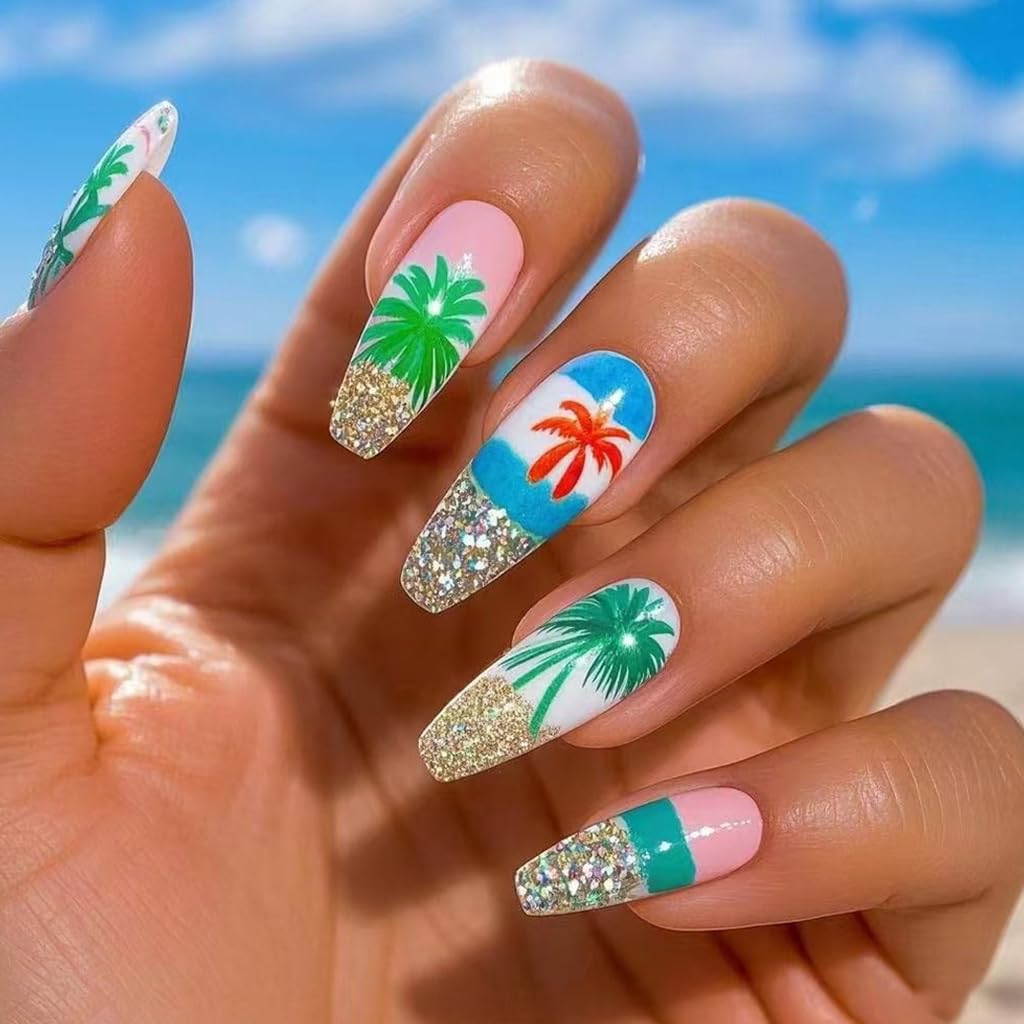 24 Pcs Glittering Full Covers False Nails Long Ballerinas Coconuts Tree Stick on Nails Acrylic Nails