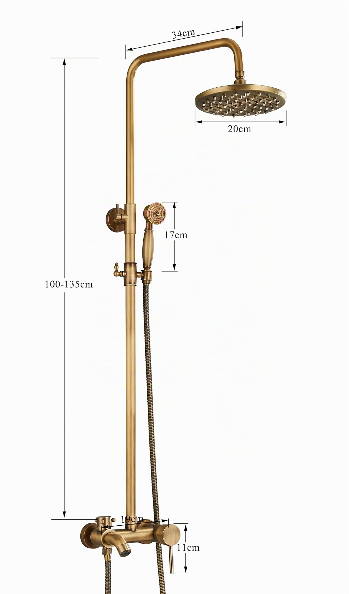 Colonna doccia antica con doccetta con miscelatore doccia in ottone e soffione regolabile in altezza 80-120 cm