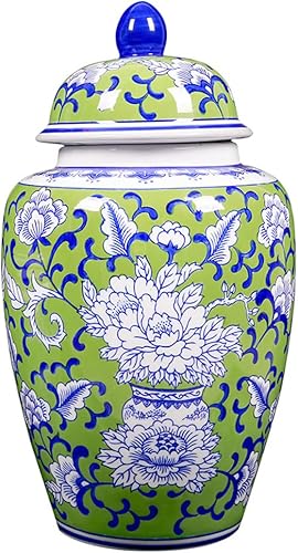 ZHOUXIAO Jarrón de jengibre de cerámica verde con tapa, tarro de templo floral de porcelana decorativa tradicional china, jarrones de flores