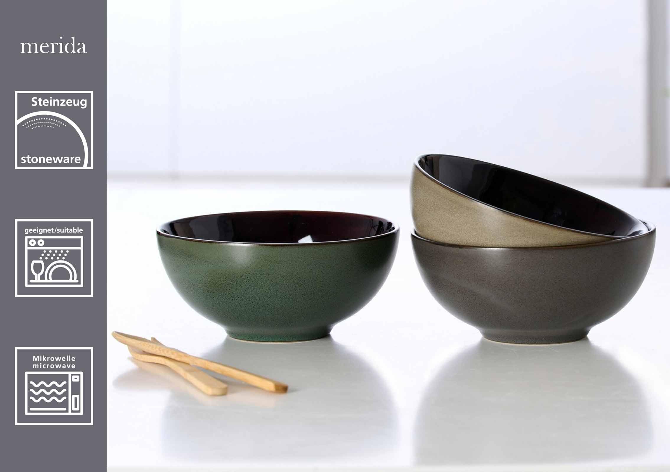 Ritzenhoff & Breker Merida Poke Bowl 3er Set | Runde Schalen für Müsli, Suppen, Pasta und Salate | Steinzeug | Spülmaschinen- & Mikrowellengeeignet | Anthrazit