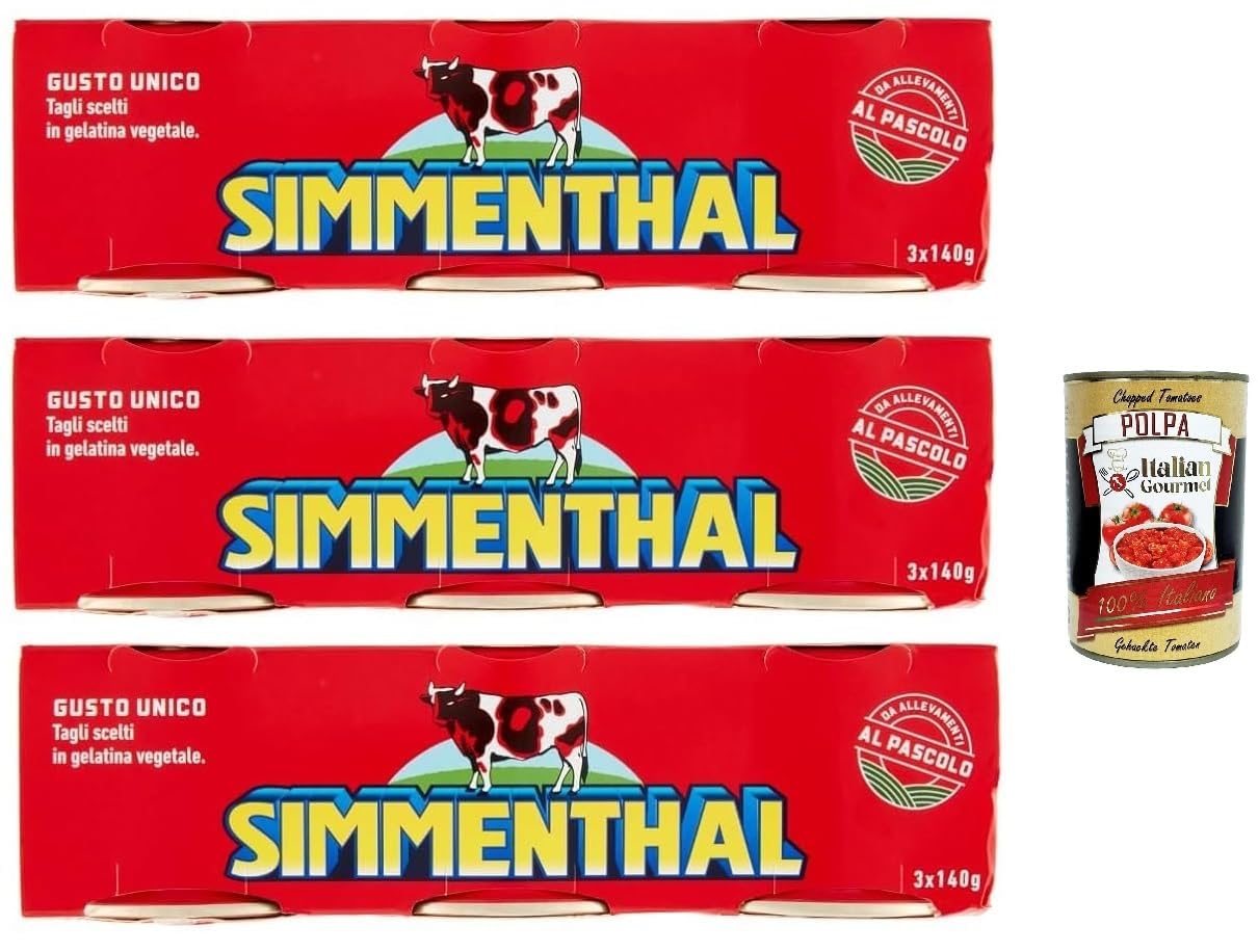 Italian Gourmet Simmenthal Viande de bœuf en gelée végétale – Lot 3 x (3 x 140 g) = 9 boîtes de 140 g, conserve italienne iconique, idéale pour salades, sandwichs + Italian Gourmet Polpa