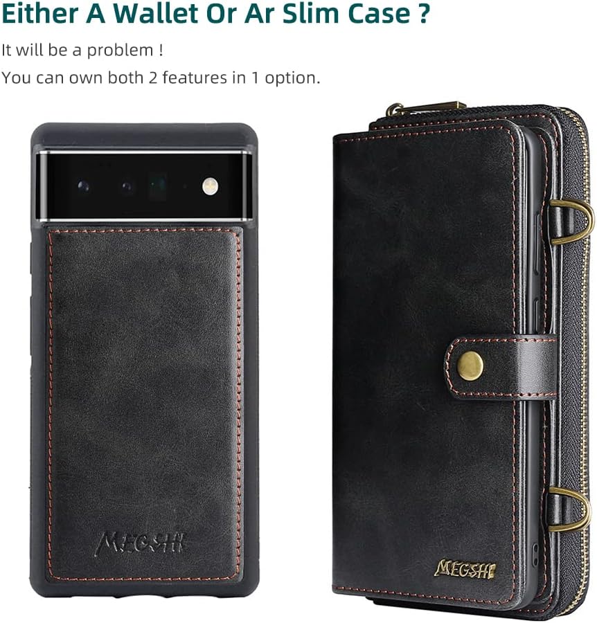 Compatible with Google Pixel 6A 5G Wallet Case, 2 in 1 Detachable Magnetic Zipper Wallet Leather Case with 12 Card Slots, Crossbody Purse Handbag Girls Women with Shoulder Strap (Black)