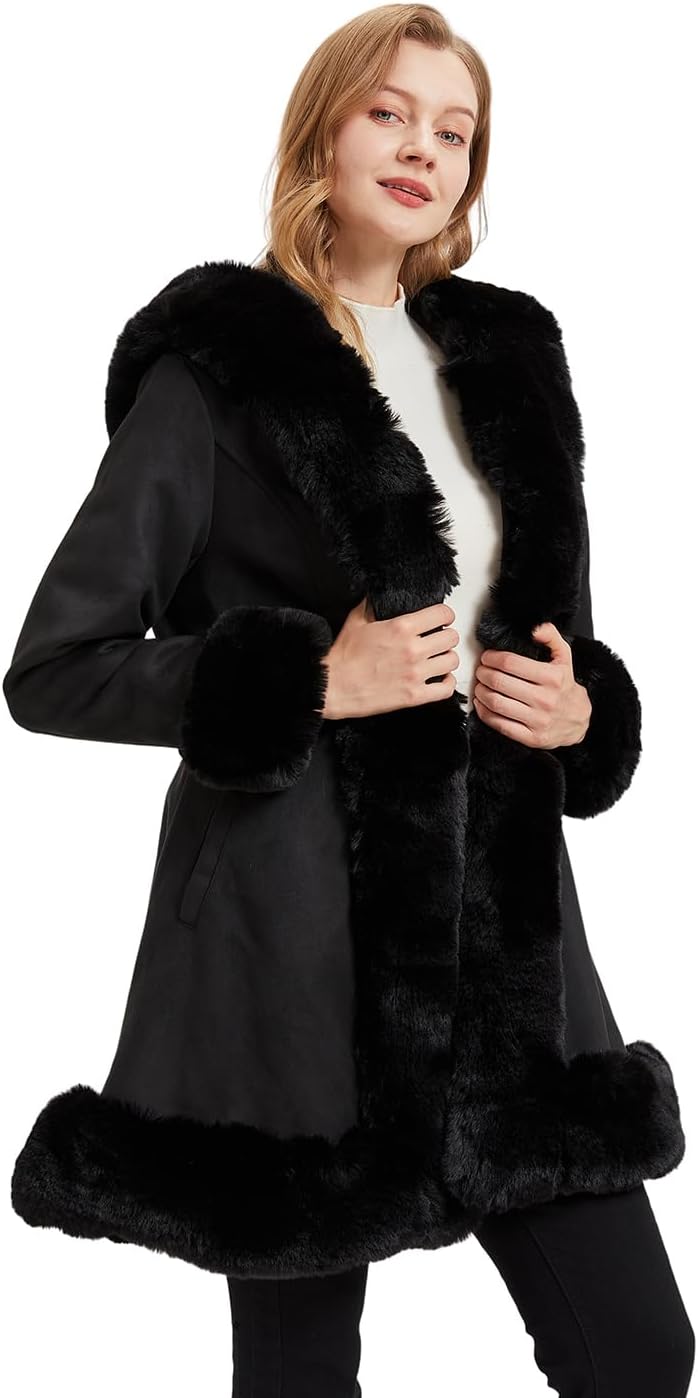 Suede Jacket With Faux Fur Collar for Women,Winter Warm Coat with Belt Outerwear - Image 2