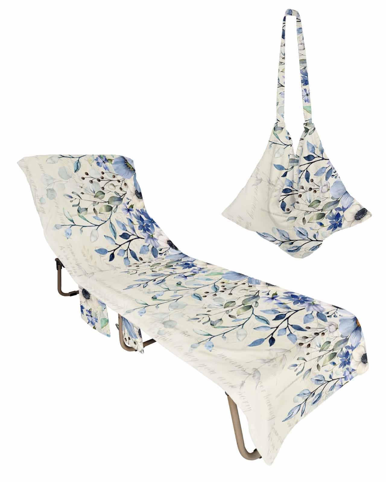 Blue Spring Floral Beach Lounge Chair Towel Cover, Soft Chaise Lounge Towel with Side Pockets Patio Pool Chairs Cover for Beach/Pool Sunbathing 29x85 Elegant Botanical Summer Flowers Rustic