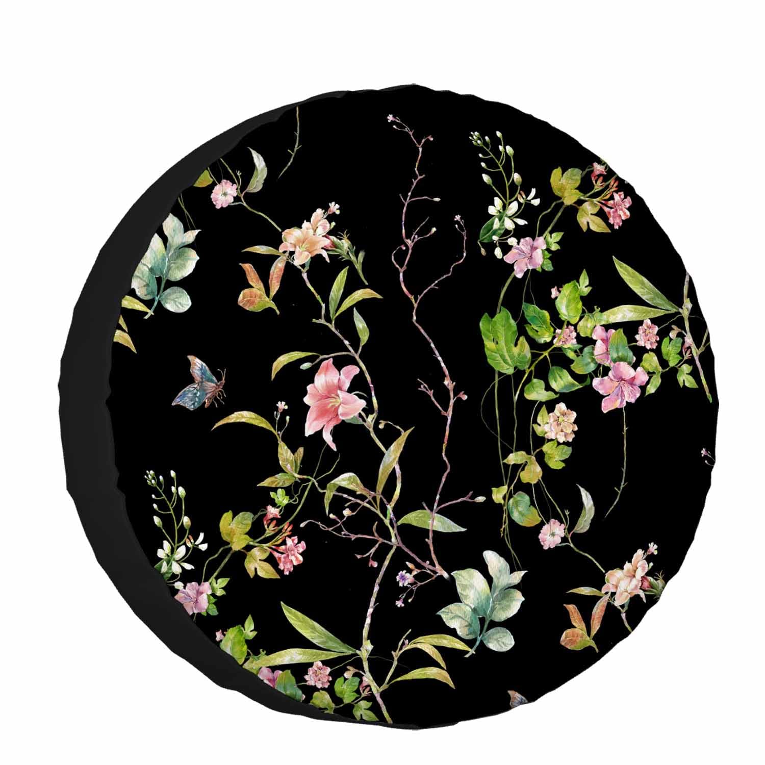 Funda para llanta de repuesto con diseño de hojas y flores, fondo negro de acuarela, para RV, caravana, remolque, SUV, camión, remolque de viaje de 15 pulgadas